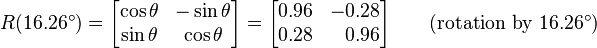 
R(16.26^\circ ) = 
\begin{bmatrix}
\cos \theta & -\sin \theta \\
\sin \theta & \cos \theta \\
\end{bmatrix} = \begin{bmatrix}
0.96 & -0.28 \\
0.28 & \;\;\,0.96 \\
\end{bmatrix} \qquad (\text{rotation by }16.26^\circ )