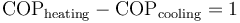 \mathrm{COP}_{\mathrm{heating}} - \mathrm{COP}_{\mathrm{cooling}} = 1\,