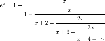 
  e^x = 1 + \cfrac{x}{1 - \cfrac{x}{x + 2 - \cfrac{2x}{x + 3 - \cfrac{3x}{x + 4 - \ddots}}}}
