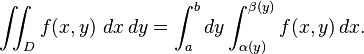 \iint_D f(x,y)\ dx\, dy = \int_a^b dy \int_{\alpha (y)}^{ \beta (y)} f(x,y)\, dx.