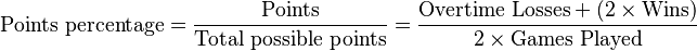 \mathrm{Points}\ \mathrm{percentage} = \frac{\mathrm{Points}}{\mathrm{Total \ possible \ points}}
= \frac{ \mathrm{Overtime \ Losses + (2 \times Wins)}}{\mathrm{ 2 \times Games \ Played }}