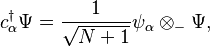 c_\alpha^\dagger \Psi = \frac{1}{\sqrt{N+1}}\psi_\alpha\otimes_-\Psi,