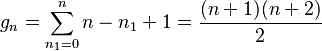 
g_n = \sum_{n_1=0}^n n - n_1 + 1 = \frac{(n+1)(n+2)}{2}
