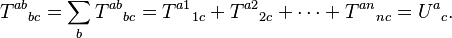  T^{ab} {}_{bc} = \sum_{b}{T^{ab}{}_{bc}} = T^{a1} {}_{1c} + T^{a2} {}_{2c} + \cdots + T^{an} {}_{nc} = U^a {}_c .