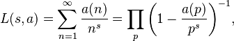 L(s,a)=\sum^\infty_{n=1}\frac{a(n)}{n^s}=\prod_p\biggl(1-\frac{a(p)}{p^s}\biggr)^{-1},