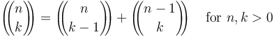 \left(\!\!{n\choose k}\!\!\right) = \left(\!\!{n\choose k - 1}\!\!\right) + \left(\!\!{n-1\choose k}\!\!\right) \quad \mbox{for } n,k>0