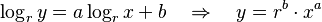 \log_r y = a \log_r x + b \quad\Rightarrow\quad y = r^b\cdot x^a