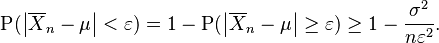 
\operatorname{P}( \left| \overline{X}_n-\mu \right| < \varepsilon) = 1 - \operatorname{P}( \left| \overline{X}_n-\mu \right| \geq \varepsilon) \geq 1 - \frac{\sigma^2}{n \varepsilon^2 }.
