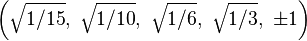 \left(\sqrt{1/15},\ \sqrt{1/10},\ \sqrt{1/6},\ \sqrt{1/3},\ \pm1\right)