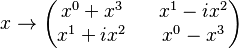 
x \rightarrow  \begin{pmatrix} x^0 + x^3 && x^1 - ix^2 \\ x^1 + ix^2 && x^0-x^3
\end{pmatrix}
