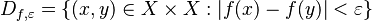 D_{f,\varepsilon} = \{(x,y)\in X\times X : |f(x) - f(y)| < \varepsilon\}