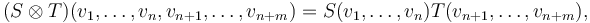 (S\otimes T)(v_1,\ldots, v_n, v_{n+1},\ldots, v_{n+m}) = S(v_1,\ldots, v_n)T( v_{n+1},\ldots, v_{n+m}),