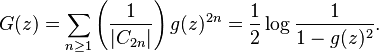  G(z) = \sum_{n\ge 1} \left(\frac{1}{|C_{2n}|}\right) g(z)^{2n} = 
\frac{1}{2} \log \frac{1}{1-g(z)^2}.