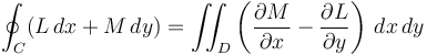 \oint_{C} (L\, dx + M\, dy) = \iint_{D} \left(\frac{\partial M}{\partial x} - \frac{\partial L}{\partial y}\right)\, dx\, dy