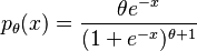  p_\theta(x) = \frac{ \theta e^{-x} }{(1 + e^{-x})^{\theta + 1} } 