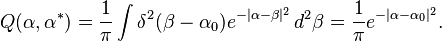 Q(\alpha,\alpha^*)=\frac{1}{\pi} \int \delta^2(\beta-\alpha_0) e^{-|\alpha-\beta|^2} \, d^2\beta=\frac{1}{\pi}e^{-|\alpha-\alpha_0|^2}.