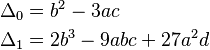 \begin{align}
  \Delta_0 &= b^2-3 a c \\
  \Delta_1 &= 2 b^3-9 a b c+27 a^2 d
\end{align}