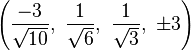 \left(\frac{-3}{\sqrt{10}},\ \frac{1}{\sqrt{6}},\   \frac{1}{\sqrt{3}},\  \pm3\right)