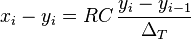 x_i - y_i = RC \, \frac{y_{i}-y_{i-1}}{\Delta_T}