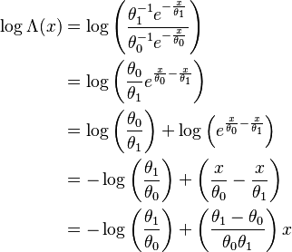 \begin{align}
\log \Lambda(x)&= \log \left ( \frac{\theta_1^{-1} e^{-\frac{x}{\theta_1}}}{\theta_0^{-1} e^{-\frac{x}{\theta_0}}} \right) \\
&= \log \left ( \frac{\theta_0}{\theta_1} e^{\frac{x}{\theta_0} - \frac{x}{\theta_1}} \right) \\
&= \log \left ( \frac{\theta_0}{\theta_1} \right) + \log \left (e^{\frac{x}{\theta_0} - \frac{x}{\theta_1}} \right) \\
&= -\log \left ( \frac{\theta_1}{\theta_0} \right ) + \left (\frac{x}{\theta_0} - \frac{x}{\theta_1} \right ) \\
&= -\log \left ( \frac{\theta_1}{\theta_0} \right ) + \left ( \frac{\theta_1-\theta_0}{\theta_0 \theta_1}\right ) x 
\end{align}