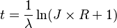 t=\frac{1}{\lambda} \ln (J \times R+1)