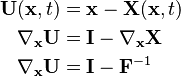  \begin{align}
\mathbf U(\mathbf x,t) &= \mathbf x - \mathbf X(\mathbf x,t) \\
\nabla_{\mathbf x}\mathbf U &= \mathbf I - \nabla_{\mathbf x}\mathbf X \\
\nabla_{\mathbf x}\mathbf U &= \mathbf I -\mathbf F^{-1}\\
\end{align}
