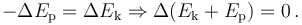  - \Delta E_\mathrm{p} = \Delta E_\mathrm{k} \Rightarrow \Delta (E_\mathrm{k} + E_\mathrm{p}) = 0 \, .