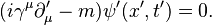 (i\gamma^\mu\partial_\mu^\prime - m)\psi^\prime(x^\prime,t^\prime) = 0.