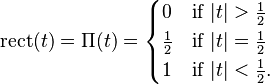 \mathrm{rect}(t) = \Pi(t) = \begin{cases}
0 & \mbox{if } |t| > \frac{1}{2} \\
\frac{1}{2} & \mbox{if } |t| = \frac{1}{2} \\
1 & \mbox{if } |t| < \frac{1}{2}. \\
\end{cases}