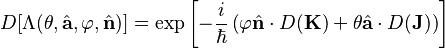 D[\Lambda(\theta,\hat{\mathbf{a}},\varphi,\hat{\mathbf{n}})] = \exp\left[-\frac{i}{\hbar}\left( \varphi \hat{\mathbf{n}} \cdot D(\mathbf{K}) + \theta \hat{\mathbf{a}} \cdot D(\mathbf{J})\right)\right] 