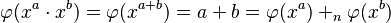 \varphi(x^a \cdot x^b) = \varphi(x^{a+b}) = a+b = \varphi(x^a)+_n \varphi(x^b)