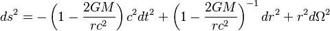 ds^{2} = -\left(1 - \frac{2GM}{rc^2} \right) c^2 dt^2 + \left(1 - \frac{2GM}{rc^2} \right)^{-1} dr^2 + r^2 d\Omega^2