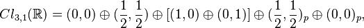 Cl_{3,1}(\mathbb{R}) = (0,0) \oplus (\frac{1}{2}, \frac{1}{2}) \oplus [(1, 0) \oplus (0, 1)] \oplus (\frac{1}{2}, \frac{1}{2})_p \oplus (0, 0)_p,