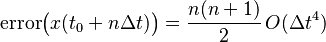 \mathrm{error}\bigl(x(t_0 + n\Delta t)\bigr) = \frac{n(n+1)}{2}\,O(\Delta t^4)