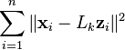  \sum_{i=1}^{n}\|\mathbf{x}_i - L_{k}\mathbf{z}_i\|^2 