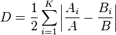  D = \frac{ 1 }{ 2 } \sum_{ i = 1 }^K \left| \frac{ A_i }{ A } - \frac{ B_i }{ B } \right| 