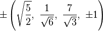 \pm\left(\sqrt{\frac{5}{2}},\ \frac{1}{\sqrt{6}},\ \frac{7}{\sqrt{3}},\ \pm1\right)