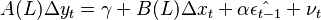  A(L) \Delta y_t = \gamma + B(L)\Delta x_t + \alpha \hat{\epsilon_{t-1}} + \nu_t 