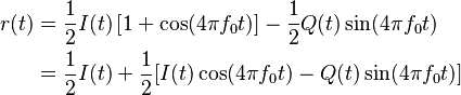 
\begin{align}
  r(t) &= \frac{1}{2} I(t) \left[1 + \cos (4 \pi f_0 t)\right] - \frac{1}{2} Q(t) \sin (4 \pi f_0 t) \\
         &= \frac{1}{2} I(t) + \frac{1}{2} [I(t) \cos (4 \pi f_0 t) - Q(t) \sin (4 \pi f_0 t)]
\end{align}
