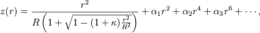 z(r)=\frac{r^2}{R\left (1+\sqrt{1-(1+\kappa)\frac{r^2}{R^2}}\right )}+\alpha_1 r^2+\alpha_2 r^4+\alpha_3 r^6+\cdots ,