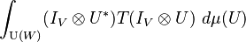  \int_{\operatorname{U}(W)} (I_V \otimes U^*) T (I_V \otimes U) \ d \mu(U) 