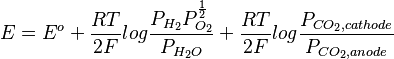 E = E^o + \frac{RT}{2F}log\frac{P_{H_2}P_{O_2}^{\frac{1}{2}}}{P_{H_2O}}+\frac{RT}{2F}log\frac{P_{CO_2,cathode}}{P_{CO_2,anode}}