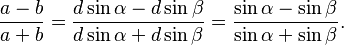 \frac{a-b}{a+b} = \frac{d \sin \alpha - d\sin\beta}{d\sin\alpha + d\sin\beta} = \frac{\sin \alpha - \sin\beta}{\sin\alpha + \sin\beta}.