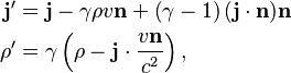 \begin{align}
  \mathbf{j}' &= \mathbf{j} - \gamma\rho v\mathbf{n} + \left( \gamma - 1 \right)(\mathbf{j} \cdot \mathbf{n})\mathbf{n} \\
        \rho' &= \gamma \left(\rho - \mathbf{j} \cdot \frac{v\mathbf{n}}{c^2}\right),
\end{align}