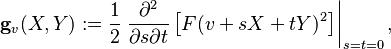 \mathbf{g}_v(X,Y) := \frac{1}{2}\left.\frac{\partial^2}{\partial s\partial t}\left[F(v + sX + tY)^2\right]\right|_{s=t=0},