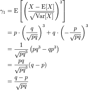 \begin{align}
\gamma_1 &= \operatorname{E} \left[\left(\frac{X-\operatorname{E}[X]}{\sqrt{\operatorname{Var}[X]}}\right)^3\right] \\ 
&= p \cdot \left(\frac{q}{\sqrt{pq}}\right)^3 + q \cdot \left(-\frac{p}{\sqrt{pq}}\right)^3 \\
&= \frac{1}{\sqrt{pq}^3} \left(pq^3-qp^3\right) \\
&= \frac{pq}{\sqrt{pq}^3} (q-p) \\
&= \frac{q-p}{\sqrt{pq}}
\end{align}