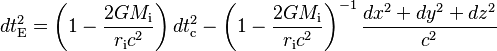  dt_\text{E}^2 = \left( 1-\frac{2GM_\text{i}}{r_\text{i} c^2} \right) dt_\text{c}^2 - \left( 1-\frac{2GM_\text{i}}{r_\text{i} c^2} \right)^{-1} \frac{dx^2+dy^2+dz^2}{c^2} \,