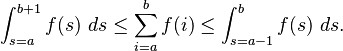 \int_{s=a}^{b+1} f(s)\ ds \le \sum_{i=a}^{b} f(i) \le \int_{s=a-1}^{b} f(s)\ ds.