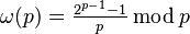 \omega(p)=\tfrac{2^{p-1}-1}{p}\,\bmod\,p