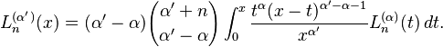 L_n^{(\alpha')}(x) = (\alpha'-\alpha) {\alpha'+ n \choose \alpha'-\alpha} \int_0^x \frac{t^\alpha (x-t)^{\alpha'-\alpha-1}}{x^{\alpha'}} L_n^{(\alpha)}(t)\,dt.